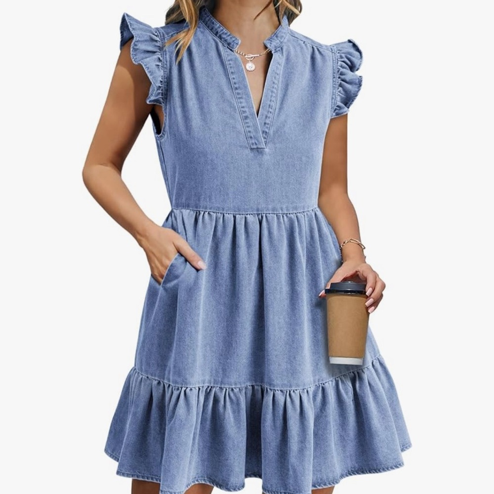 Blue Ruffle Sleeve Denim Dress